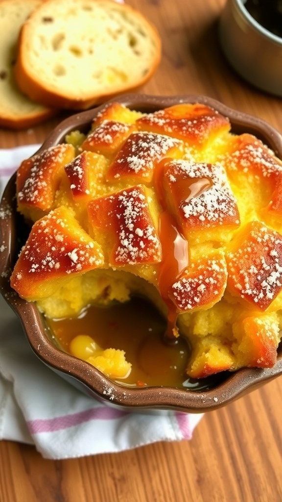 A bowl of golden brown bread pudding garnished with powdered sugar and caramel sauce, with slices of bread in the background.